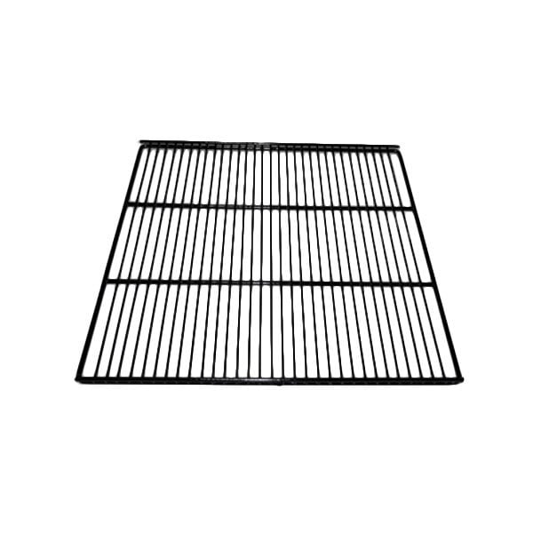 A black coated wire shelf with a grid pattern.