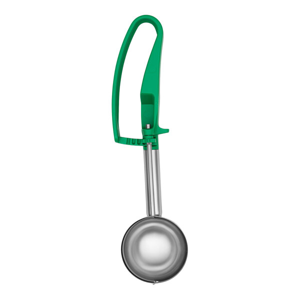 A gray extended length squeeze handle disher with a round scoop and metal shaft.