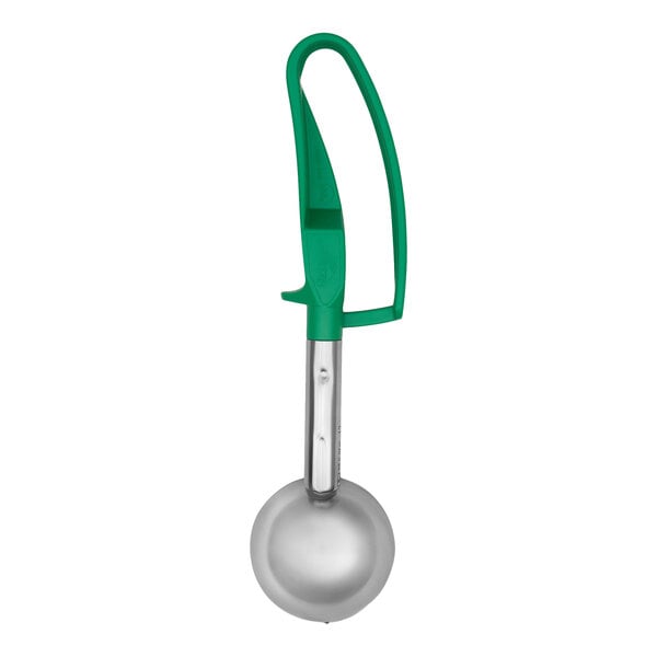 A stainless steel squeeze handle disher with a gray extended length handle.
