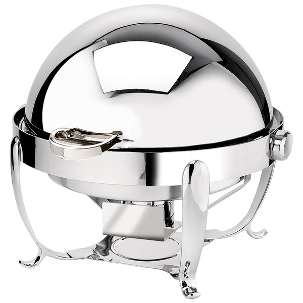 An Eastern Tabletop Park Avenue stainless steel round chafer with a lid and a handle.