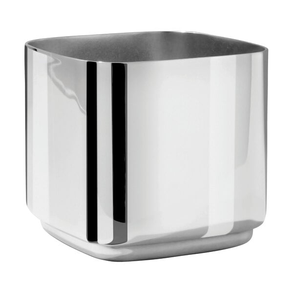 A white square container with a silver rim and black stripe.