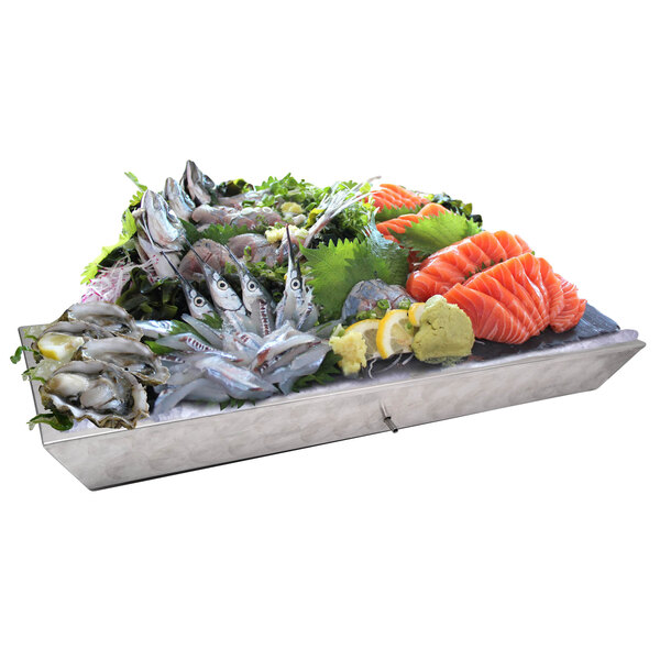 A rectangular stainless steel raw bar tray with a variety of seafood on it.