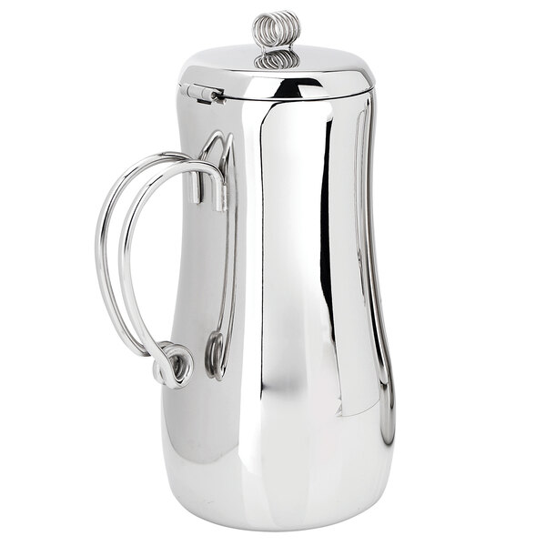 An Eastern Tabletop stainless steel coffee pot with a handle and a lid.