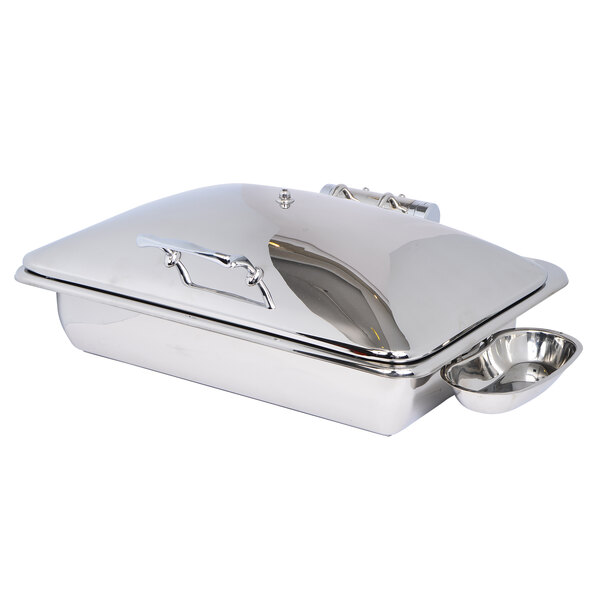 A silver rectangular stainless steel chafer with a hinged dome cover.