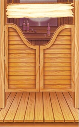 The southwest themed saloon design on a wooden door with a shelf and bottles.