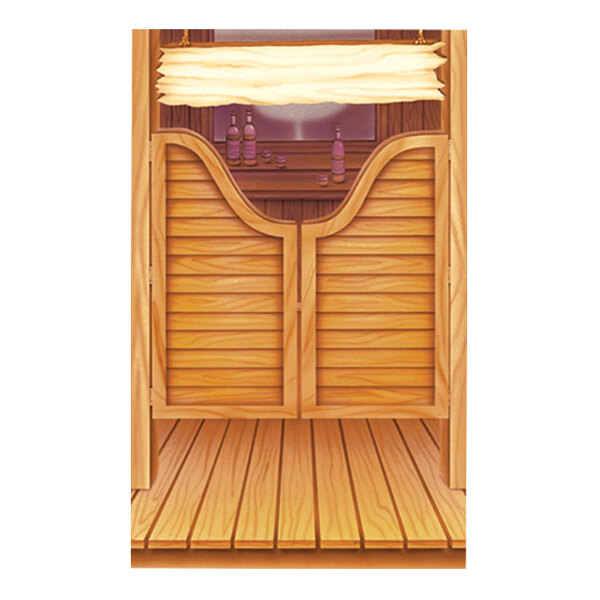 A wooden saloon-style swinging door with a wooden floor and bottles on a shelf in the background, depicted in a cartoonish style.