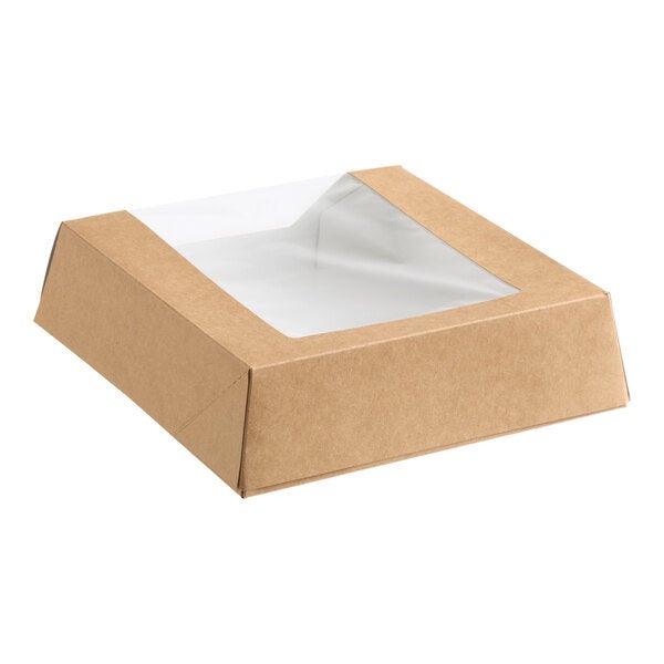 A kraft-colored bakery box with a clear window on top and a grease-resistant interior.