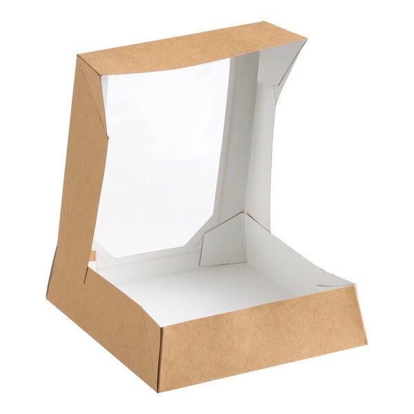 A kraft-colored auto-popup bakery box with a clear window and grease-resistant interior, measuring 9 x 9 x 2.5 inches.