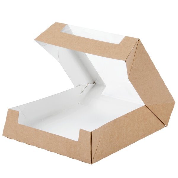 A brown Kraft bakery box with a white window lid.