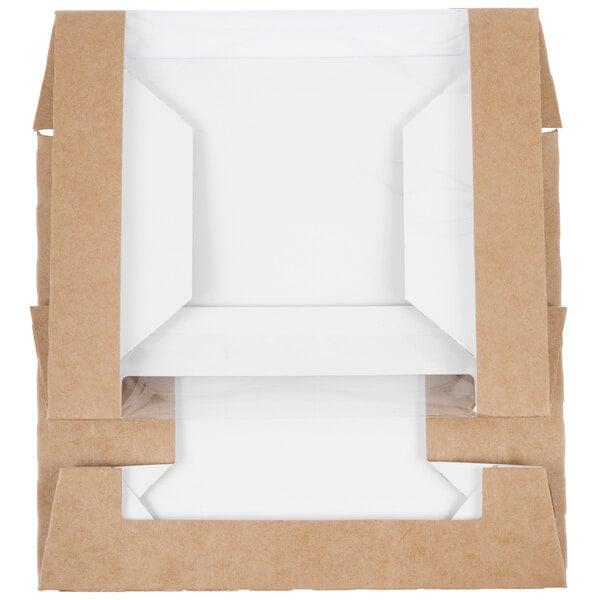 A brown rectangular bakery box with a clear plastic window.