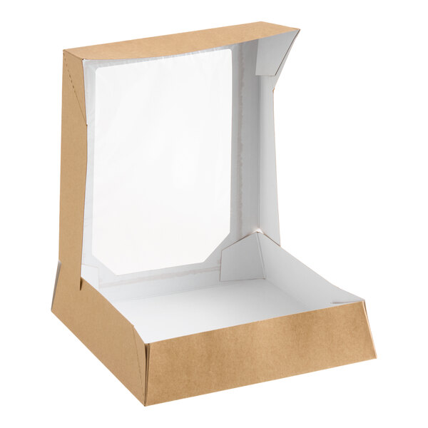 A kraft-colored bakery box with a clear window and grease-resistant interior, measuring 10 by 10 by 2.5 inches.