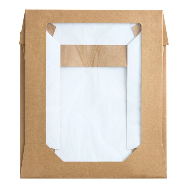 A kraft-colored bakery box with a clear window and grease-resistant interior.