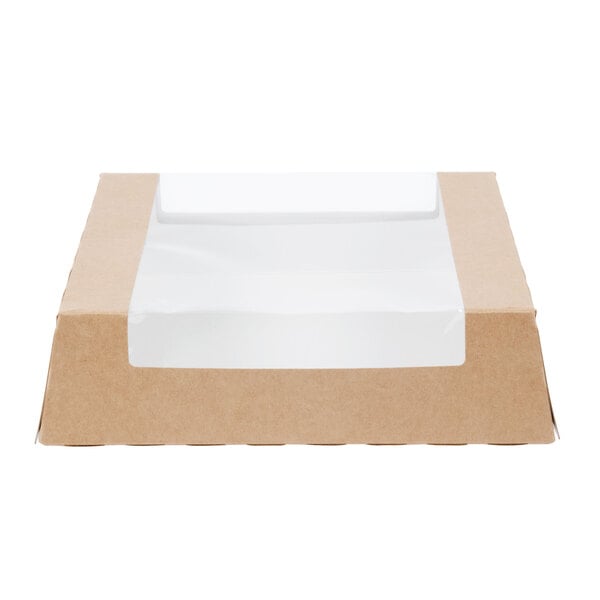 A Kraft bakery box with a clear window.