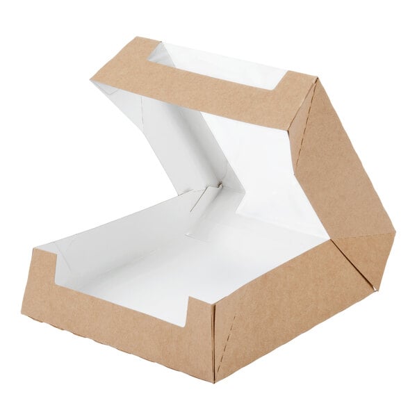 A brown Kraft bakery box with a white window lid.