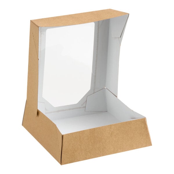 An 8 x 8 x 2.5 inch kraft bakery box with a clear window and grease-resistant interior.