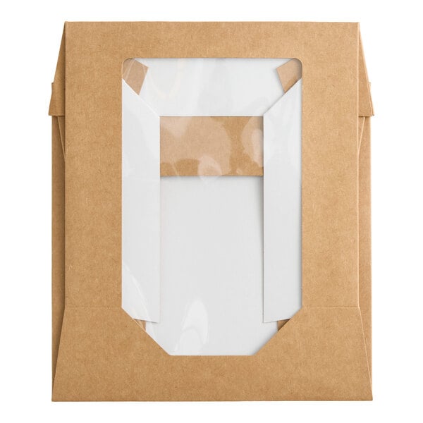 An 8 x 8 x 2.5 inch kraft bakery box with a clear window and grease-resistant interior.