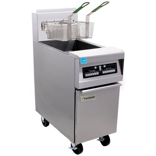 A Frymaster liquid propane split pot gas fryer on wheels with two baskets.