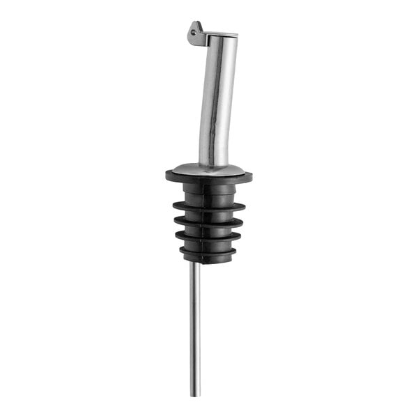 A stainless steel liquor pourer with a black rubber stopper and a flip cap.