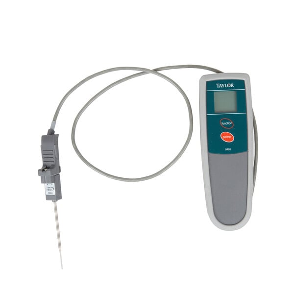 A Taylor digital thermocouple thermometer with a wire attached.