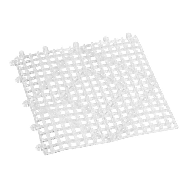 A clear 12-inch by 12-inch interlocking bar mat with a grid pattern.