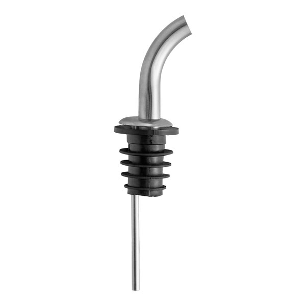 An angled stainless steel liquor speed pourer with a black rubber stopper.