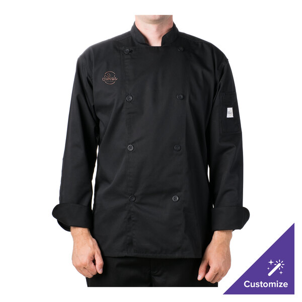 A man wearing a black Mercer Culinary chef coat.