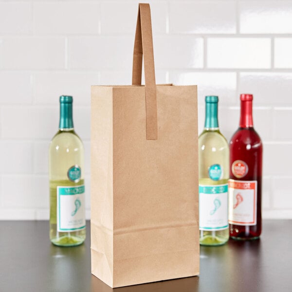 2 Bottle Kraft Paper Wine Bag with Handle - 25/Pack