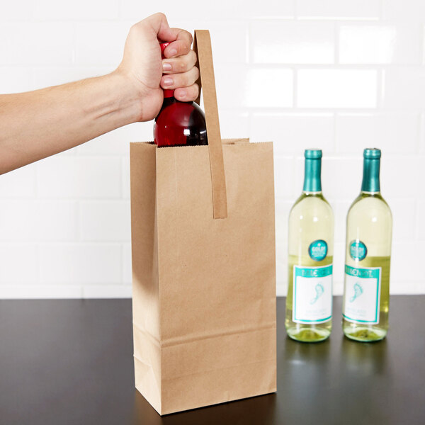 2 Bottle Kraft Paper Wine Bag with Handle - 25/Pack