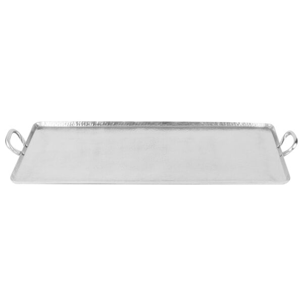 An American Metalcraft large rectangular stainless steel griddle with hammered texture and handles.