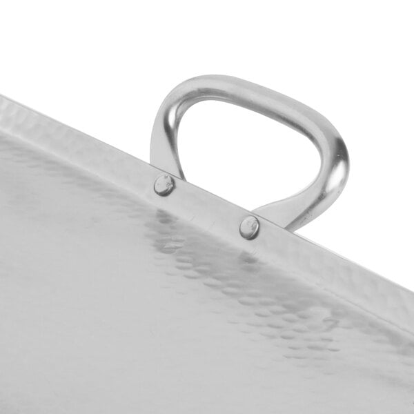 An American Metalcraft stainless steel rectangular griddle with a hammered texture and handles.