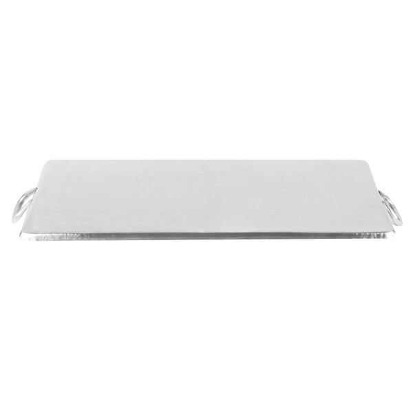 An American Metalcraft large rectangular stainless steel griddle with hammered edges and handles.