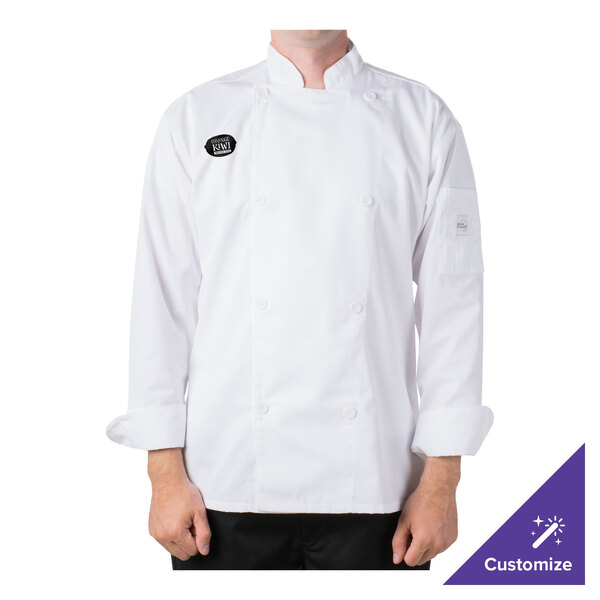 A person wearing a white Mercer Culinary long sleeve chef jacket.