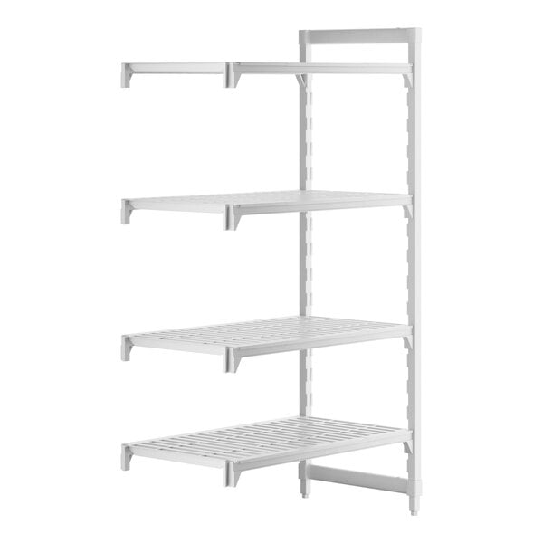 A white plastic Cambro Camshelving® Premium add on unit with vented shelves.