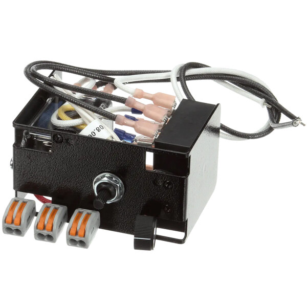 A black Hatco control box with wires and switches.