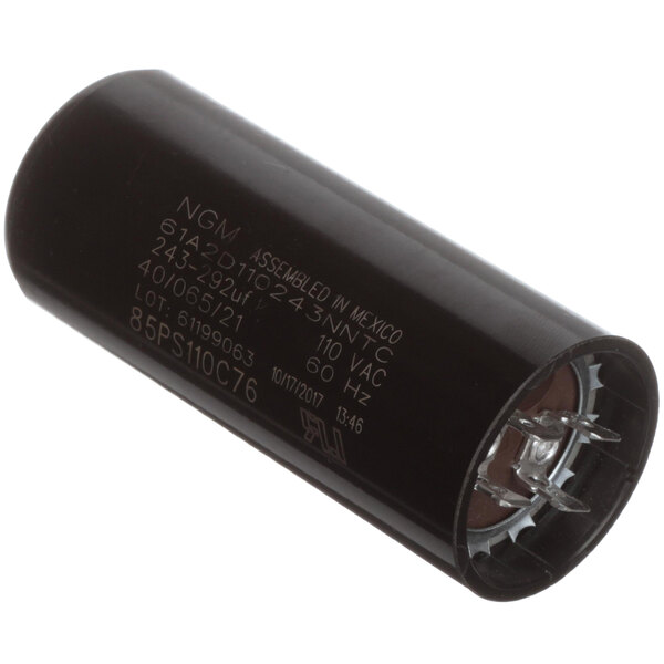 A black cylindrical Glastender start capacitor.