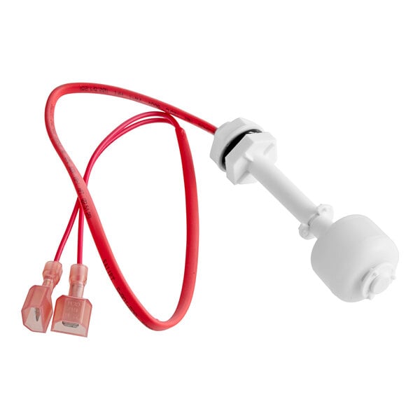 A white Manitowoc Ice float switch with a red and white cable and connectors.