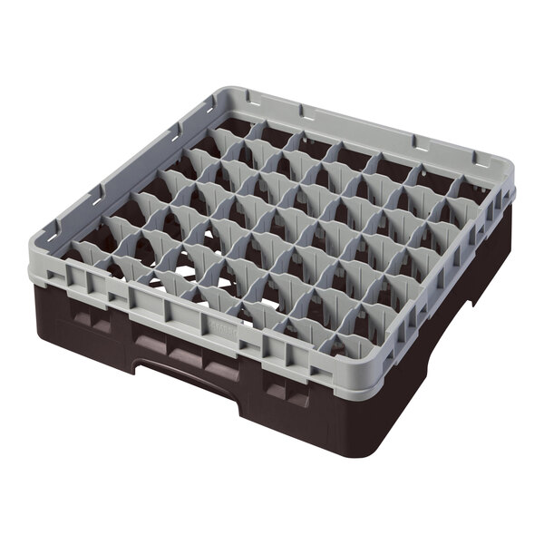 A brown plastic crate with many small grey plastic containers inside.