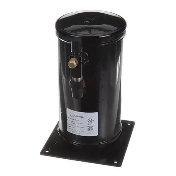 A cylindrical black metal tank with a valve and a label, mounted on a square base plate.