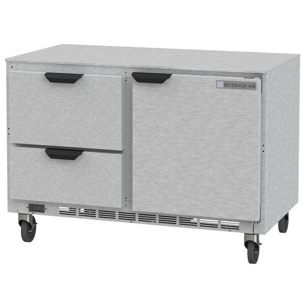 A stainless steel Beverage-Air undercounter refrigerator with drawers.