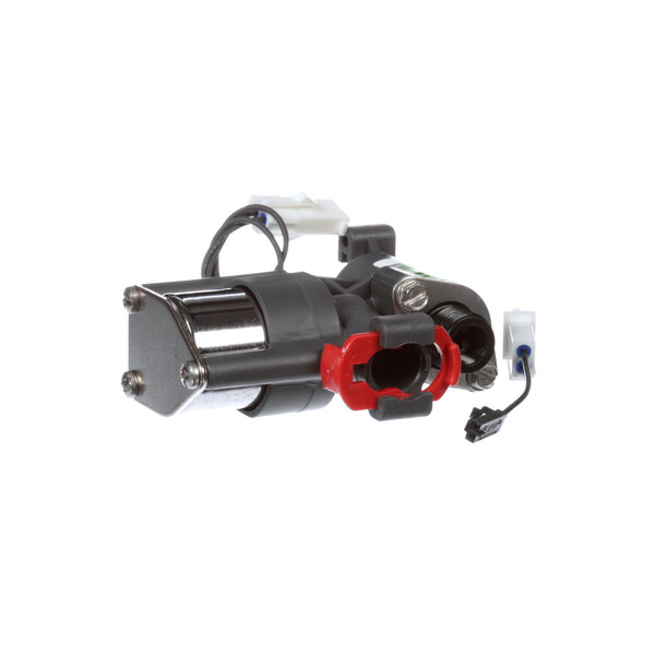 A Lancer water valve with a red and black handle.