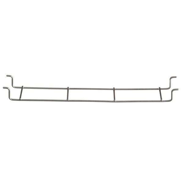 A metal wire shelf with two bars and hooks.