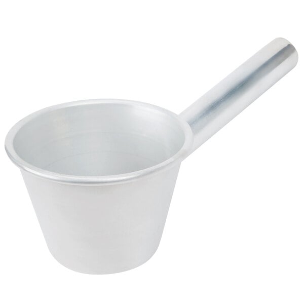 A silver metal cup with a handle.