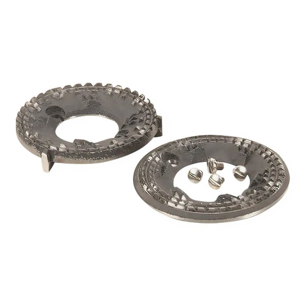 A Grindmaster 85281WK burr kit with two metal circular plates with holes and screws on them.