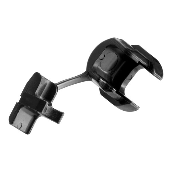 A black, metal or plastic component with two clamp-like ends connected by a curved arm, photographed on a white background.