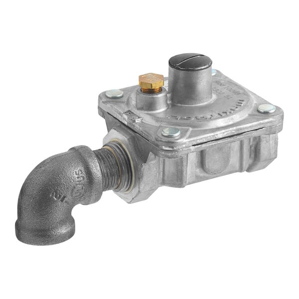 A metal gas regulator assembly with an attached elbow pipe fitting.