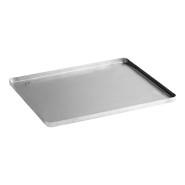 A stainless steel US Range large drip pan with a handle.