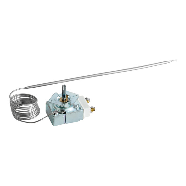 A metal thermostat with a coiled sensor tube and electrical terminals.