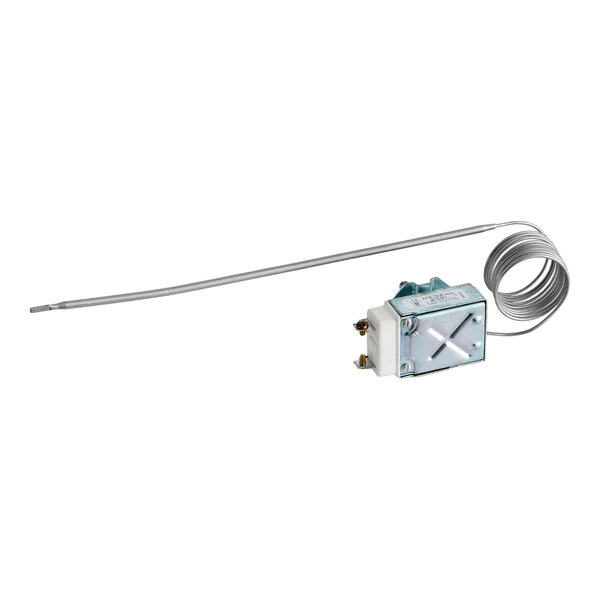 A metal thermostat with a long coiled temperature sensing probe, commonly used in commercial kitchen equipment.