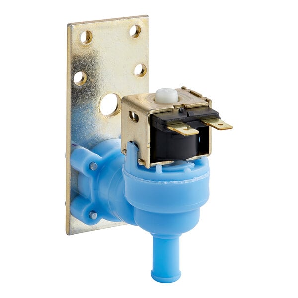 A close-up of a blue Scotsman inlet solenoid valve with a metal plate.