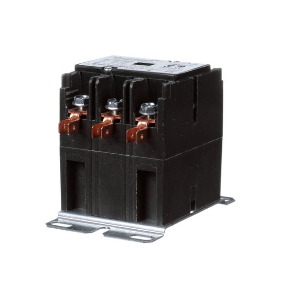 A black Montague contactor with copper screws.